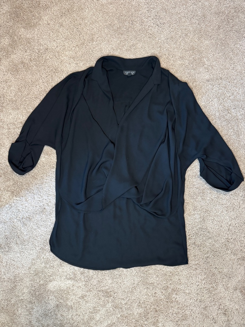 Topshop Black Draped Front Blouse with 3/4 Sleeves